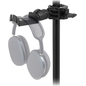Tiger Headphone Holder Clamp with 360° ball joint, adjustable square grip mount holding over‑ear headphones on a vertical stand.